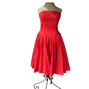 A.J. Bari Red Floral Jacquard 1980s corset bow Strapless Fit Flare circle skirt‎